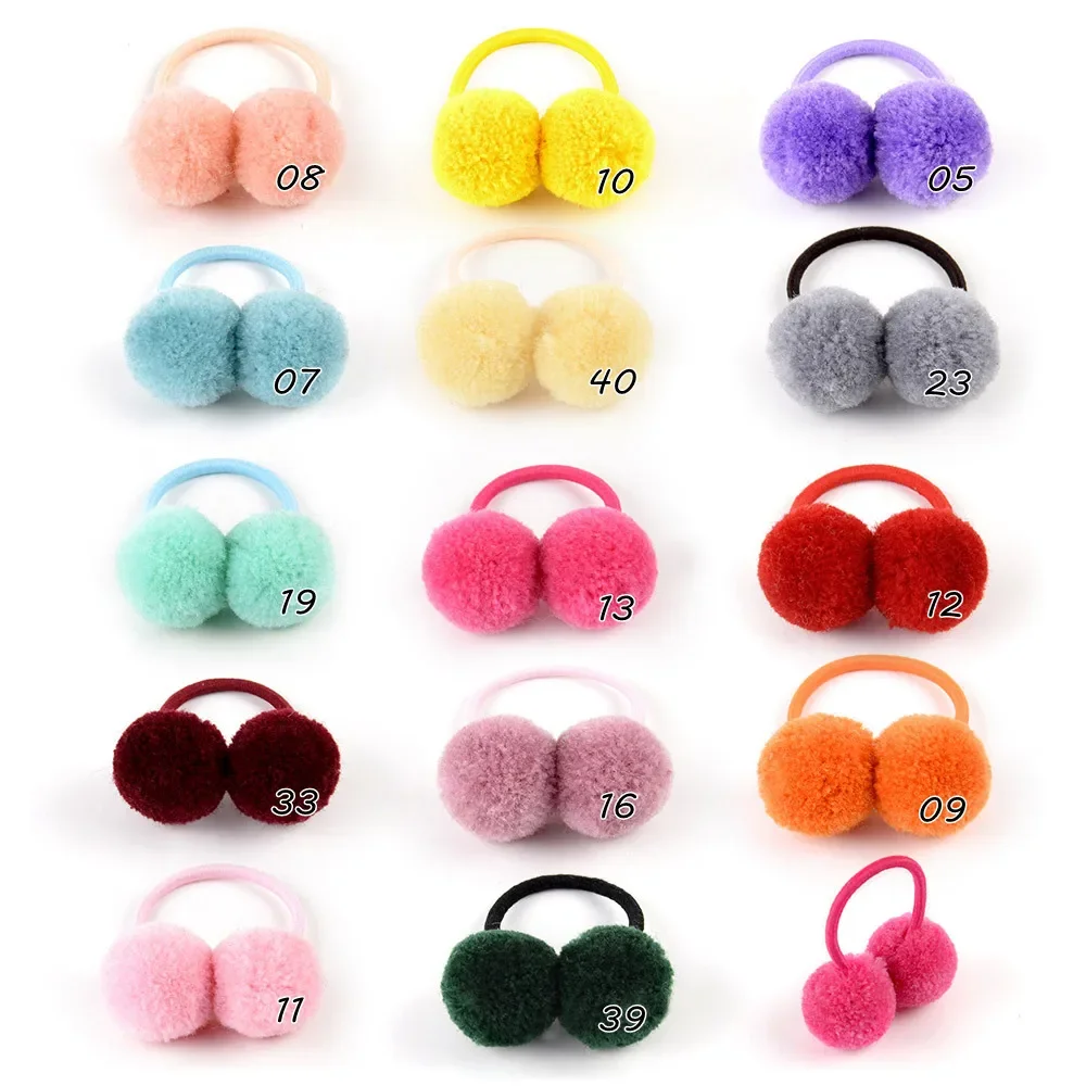 14 teile/los 1.4 "kleiner fester Doppel pelzball mit elastischem Seil hand gefertigtes Haarband für Kinder Mädchen Haarschmuck