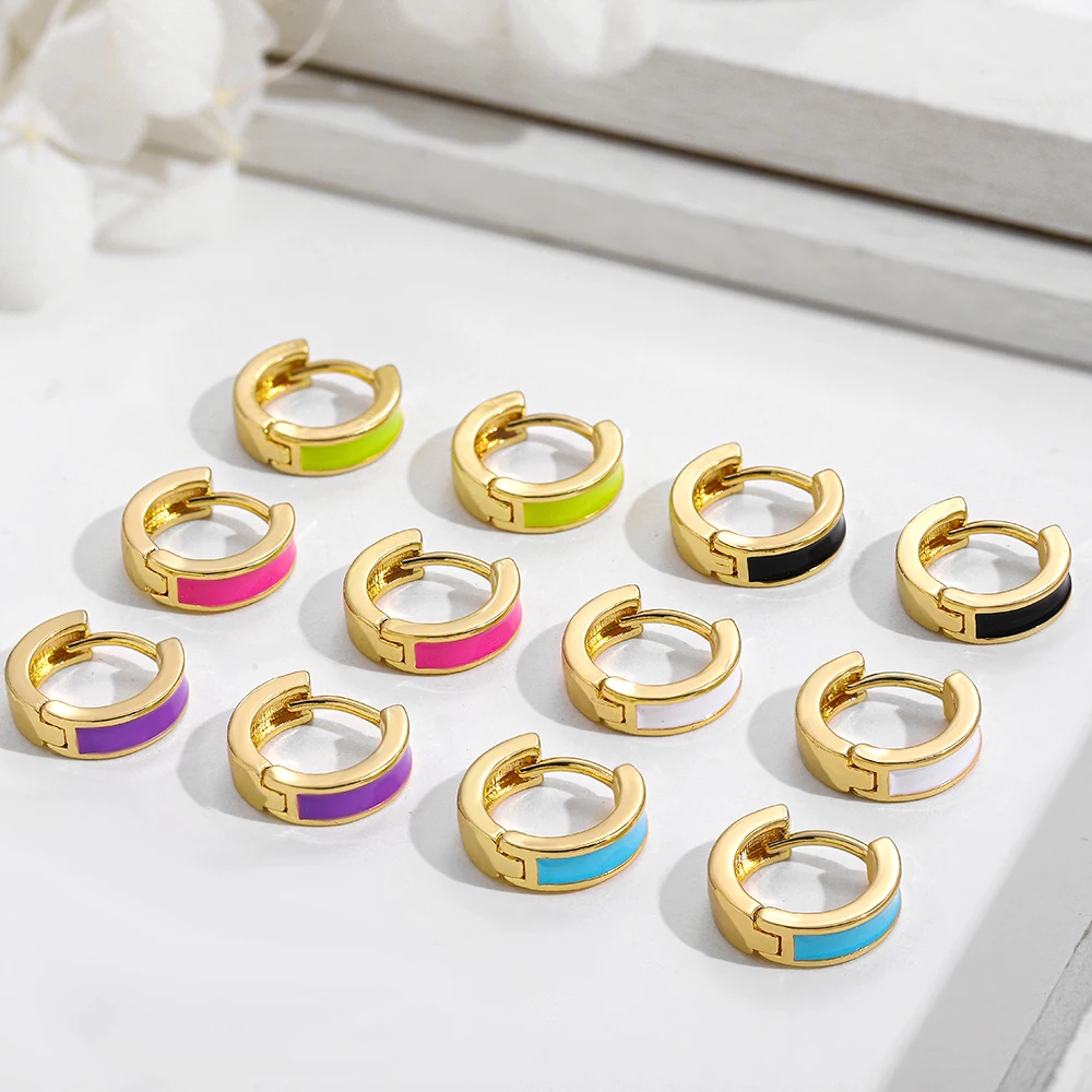 Trendy Enamel Small Ear Buckles for Women Fashion Geometric Gold Lines Cute Huggies Hoop Earrings Party Holiday Jewelry Gifts