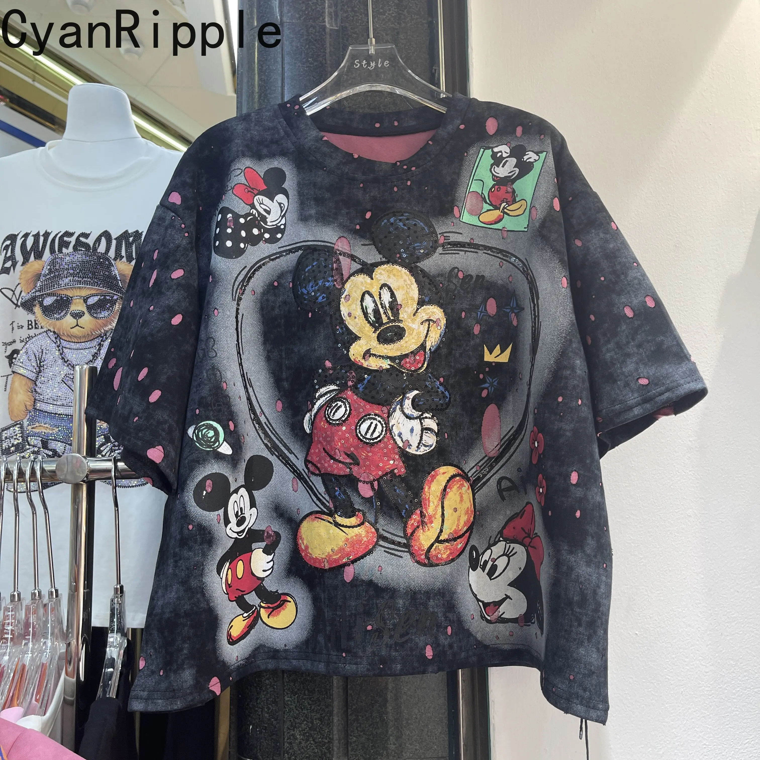 

Новая летняя женская свободная футболка с коротким рукавом, милый пуловер с принтом Микки, универсальный повседневный топ для студентов, хлопковые футболки