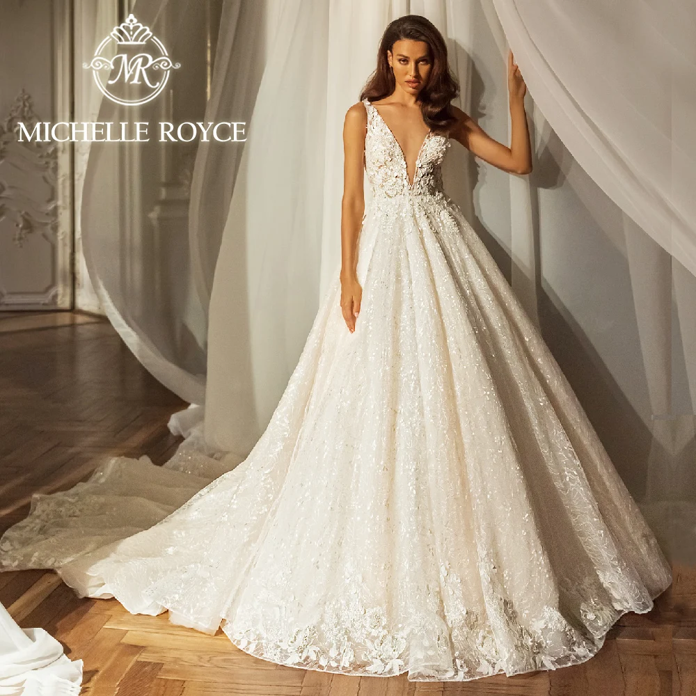 Michelle Royce Wedding Dresses For Women Appliques Beaded V-Neck Spaghetti Straps Princess Dress Vestidos De Novia