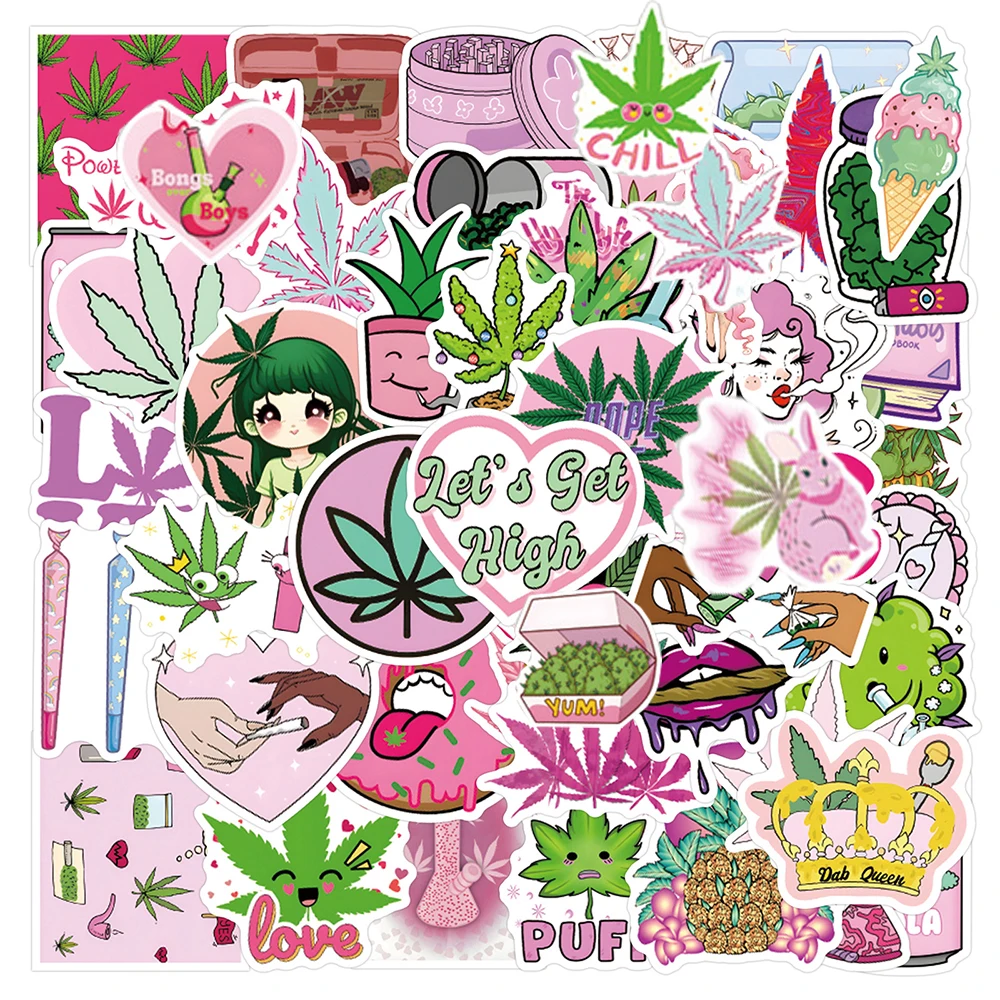 10/30/50/110pcs Cool Pink Cute Cartoon Weed Leaves Spoof Stickers Decals Laptop Motorcycle Phone Car Bike Waterproof Sticker Toy