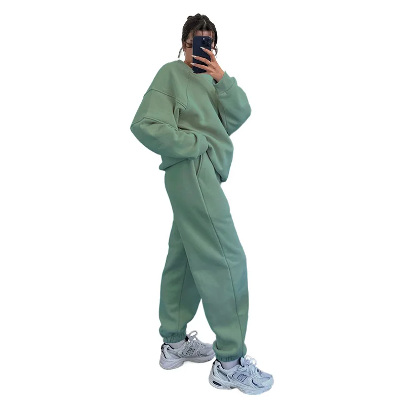 Autumn and Winter New Women's Solid Color Round Neck Long Sleeve Hoodie Fashion Casual Loose Pants Suit Sports Two-piece Set