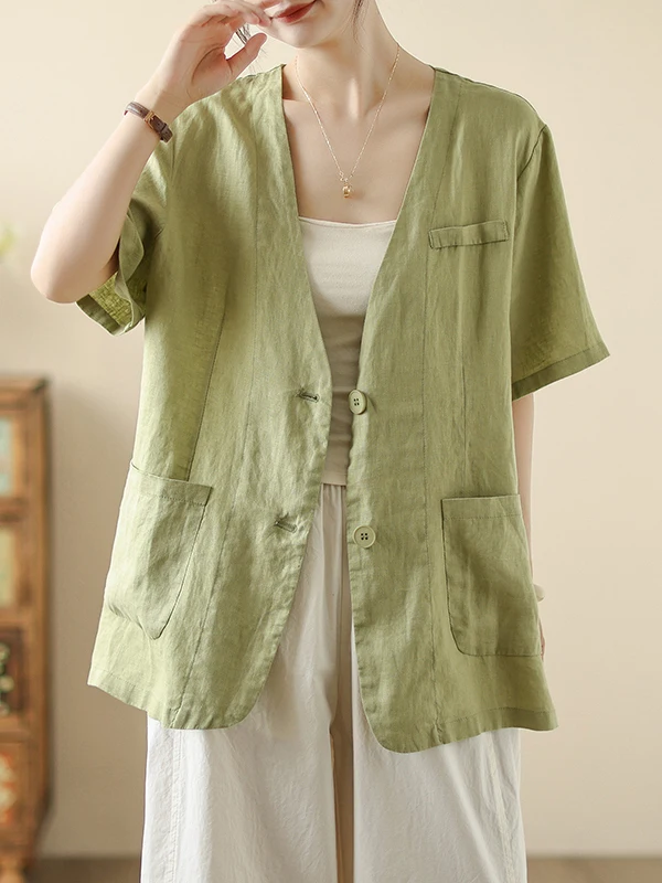 

Summer Cotton Linen ort Sve Suit Jaet Large Size Women's Single Button V Collar Double ket Open Cardigan Outerwear