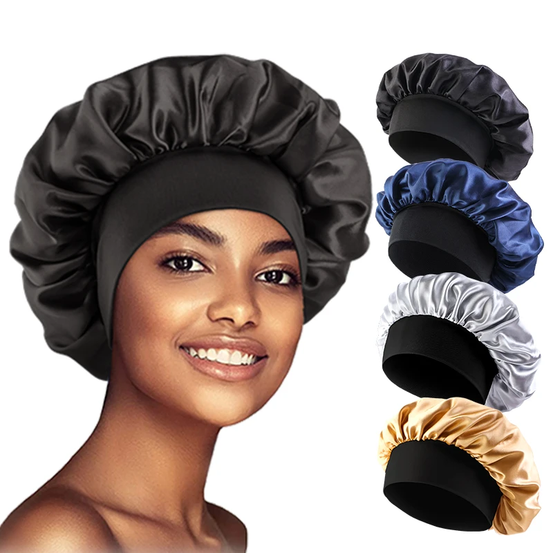 Women\'s Satin Solid Bonnets Wide-brimmed Night Sleeping Bathing Hat Unisex Head Wrap Elastic Band Cap Hair Care Bonnet