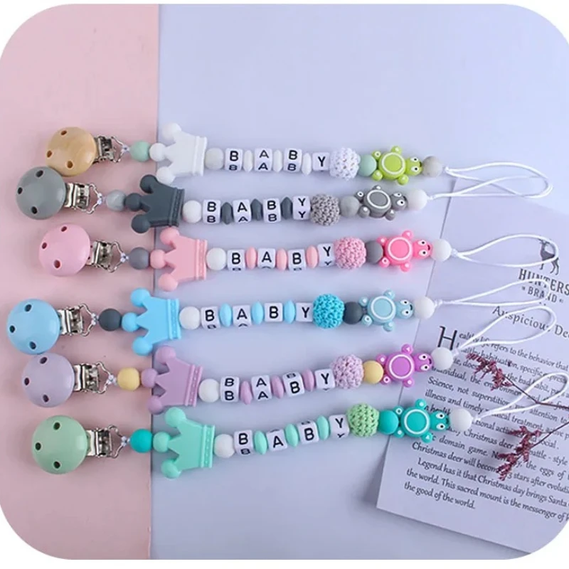 

Baby Personalized Name Pacifier Clips Nipple Dummy Holder Chains Toddler Infant Feeding Silicone Crown Teething Toys Chew Gifts