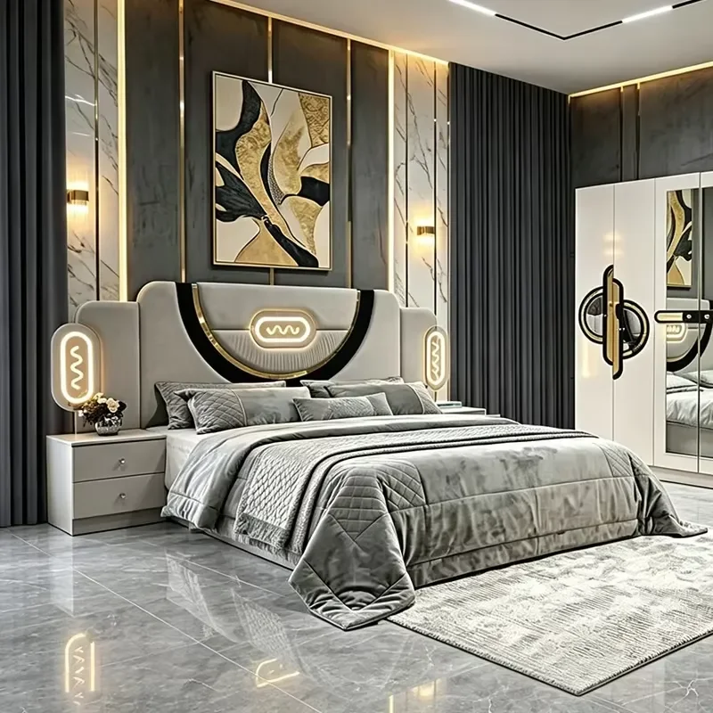 Modern Turkish Style Wooden Bedroom Furniture Set King Size Double Bed Deluxe Master Bedroom Suite