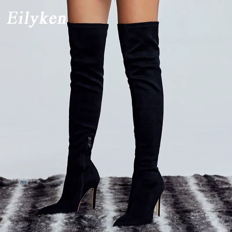 Eilyken Sexy Fashion Pointed Toe Over-The-Knee Boots Women Red Zipper High Heels Shoes Winter Striptease Motorcycle Long Botas