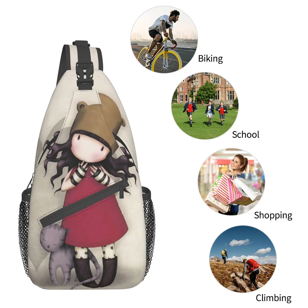 Santoro Gorjuss-mochila cruzada con estampado de dibujos animados para muñeca, morral de pecho, bandolera de hombro, mochila de viaje para senderismo, mochila de día