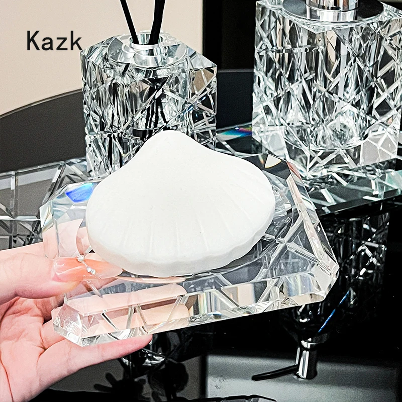 Light Luxury Crystal Bathroom Accessories High End Hotel Cutting Style Glass Toothbrush Holder Home Lotion Bottle Storage Tray