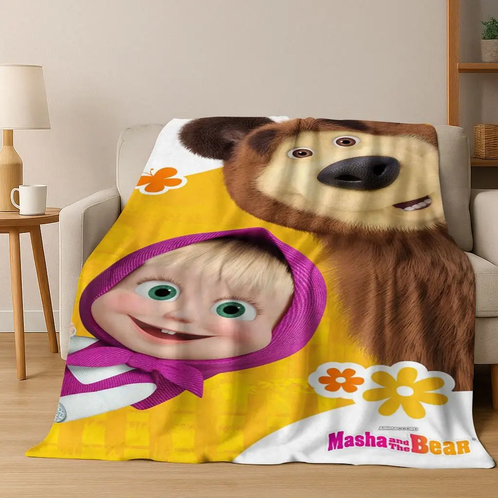 3D M-Masha and Bear Cartoon Flannel Blanket Soft Warm Throw Blanket for Bed Bedroom Room Living Room Picnic Christmas Gift Kids
