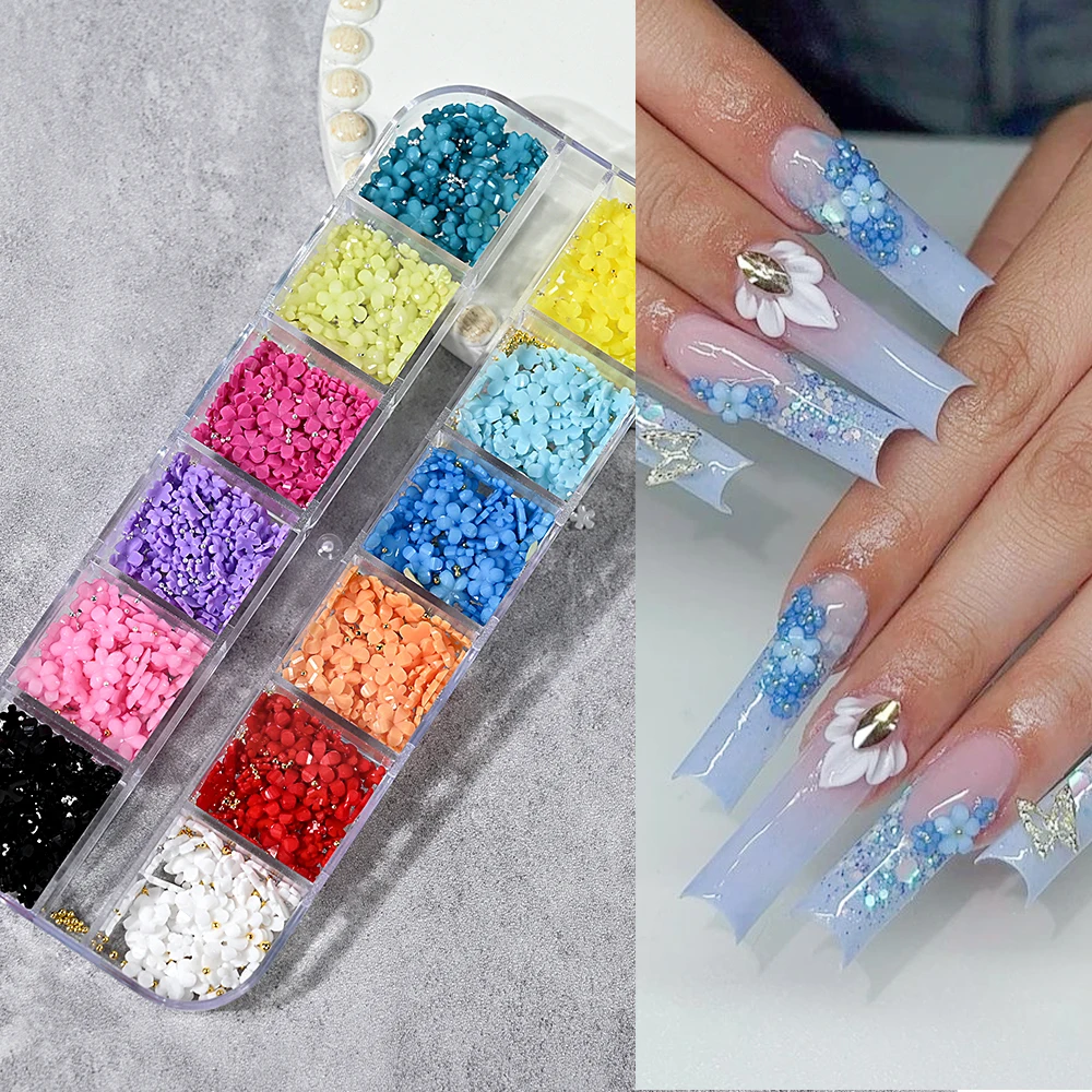 12Grid Colorful Acrylic Flower Nail Art Charms 3D Spring Summer Petal Blossom Rhinestones with Caviar Beads Manicure Decoration