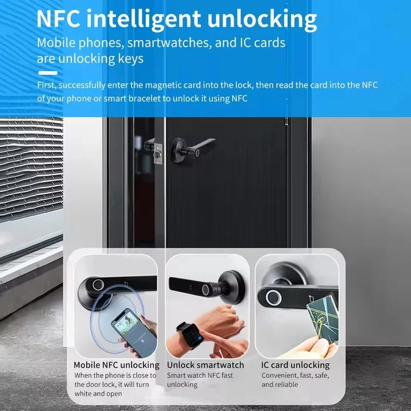 Tuya App Bluetooth Smart Fingerprint Door Lock Password Mechanical Key NFC Unlocking For Wooden Door Handle Lock IP65 Rainproof view 3