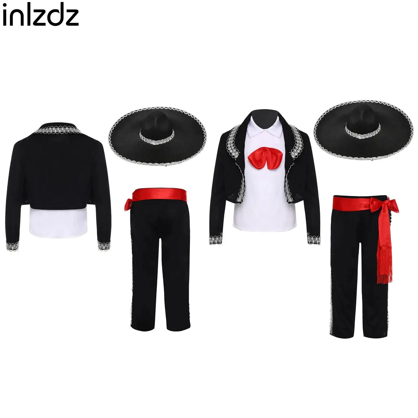 

Unisex Children Mexican Traditional Costume Kid Mariachi Dress Up Halloween Fancy Dress Cosplay Costume Vest Coat Pants Belt Hat