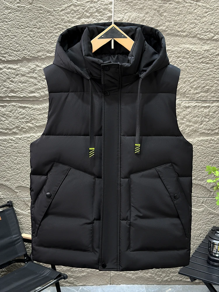Men's Winter Thickened Down Cotton Vest Hooded Drawstring Multi-Color Puffer Gilet Oversized Warm Insulated Waistcoat Jacket