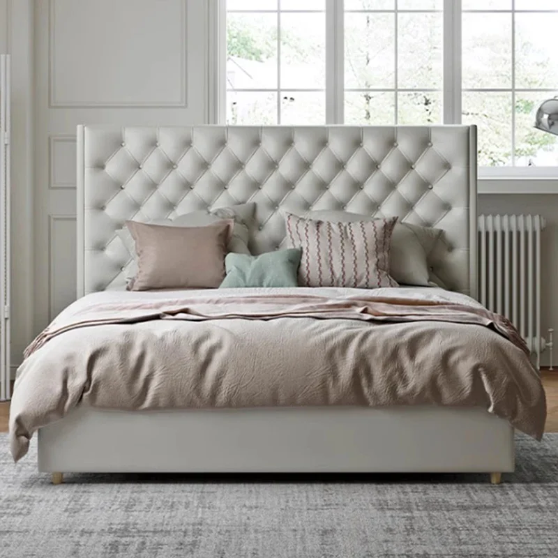Leather Bed French Modern Pull Button Double Bed Luxury Bedroom Furniture
