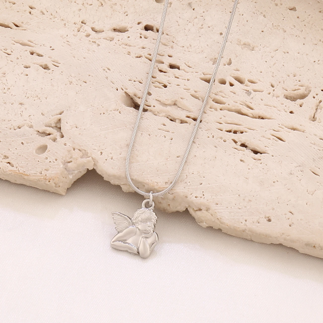 Women's 18K Gold Plated Stainless Steel Waterproof Fashion Cute Angel Cupid Pendant Necklaces Collier Femme Party Jewelry Gifts