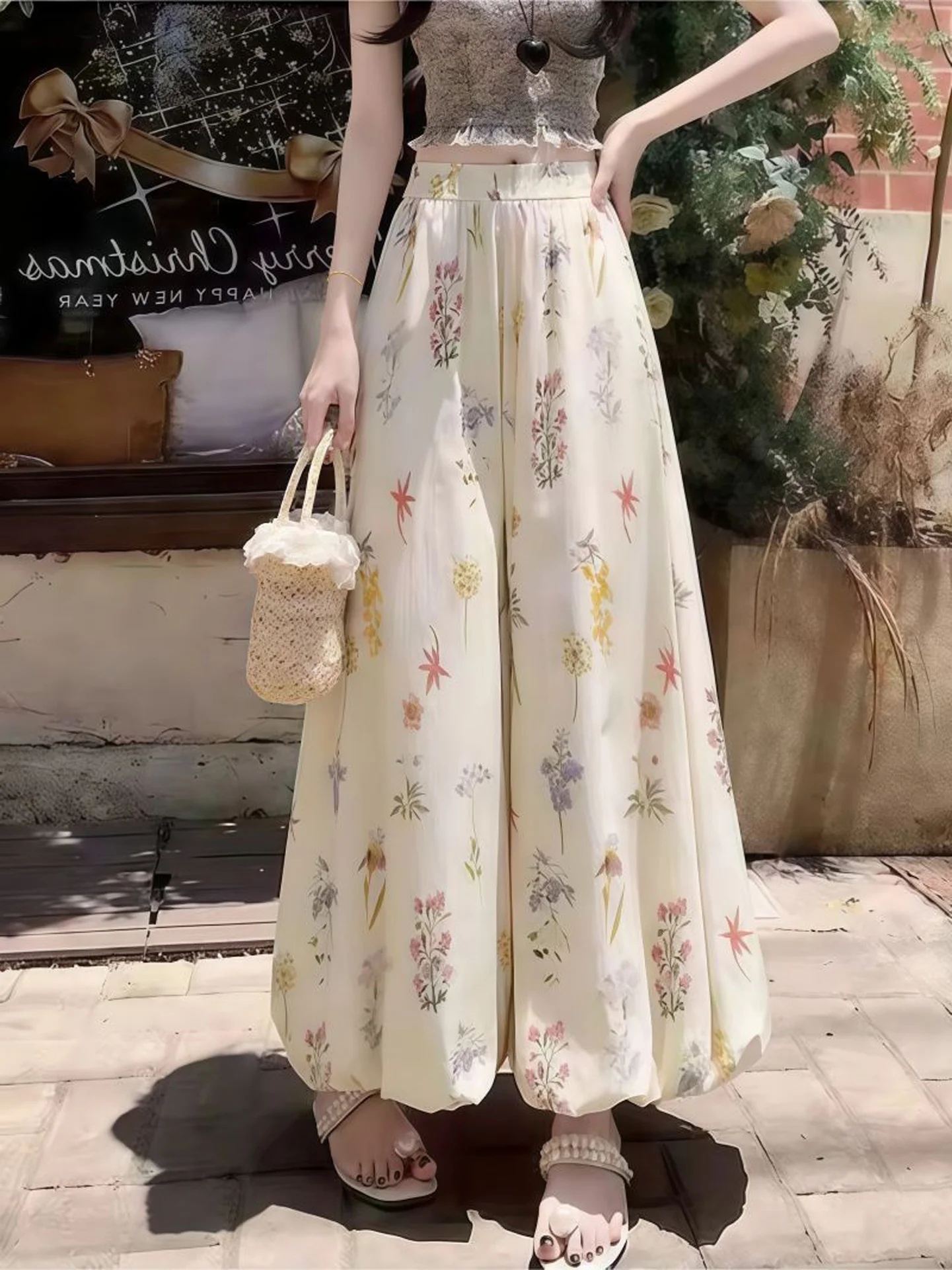 Floral Print High Waist Lantern Flower Pants Women's Casual Loose Straight Leg Trousers Sun Protection Drapey Wide Leg Pants