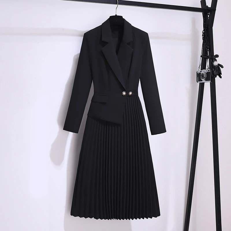 

Vintage Pleated Belt Patchwork One Piece Blazer Dress Women Elegant Office Ladies Long Sleeve Notched Female Autumn Midi Vestido