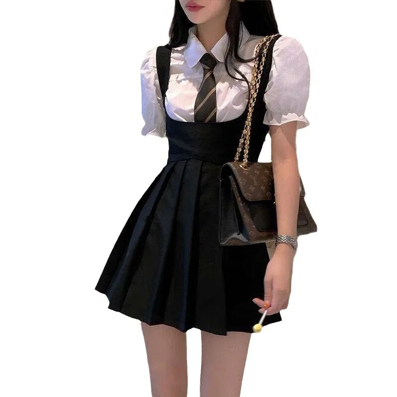 Vestido feminino uniforme JK, saia plissada com alça, camisa de manga bolha, estilo japonês e coreano, roupa escolar, verão