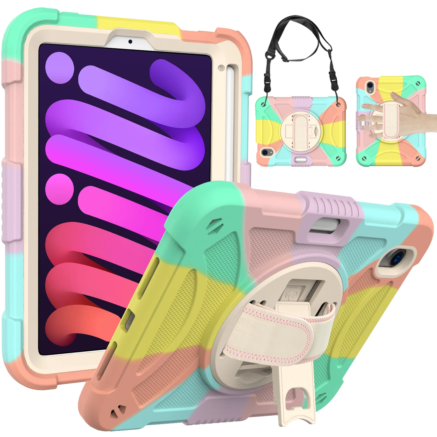 360° Rotation Case for iPad mini6 Drop Protection Cover for iPad 8.3'' 2021 Kickstand Tab Case with Shoulder Strap Pen Slot