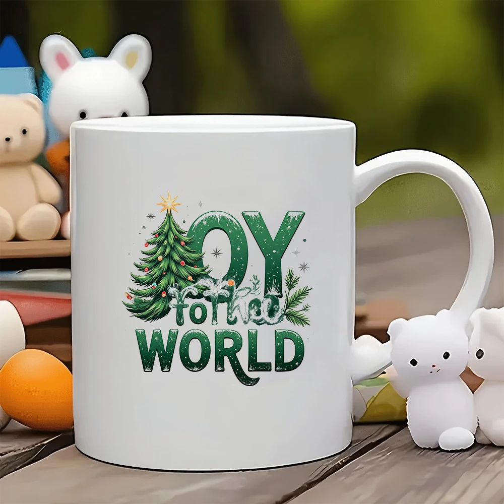 

11oz mug Christmas tree sticker JOY TO THE WORLD green lettering decoration snowflake accents reindeer image family offic