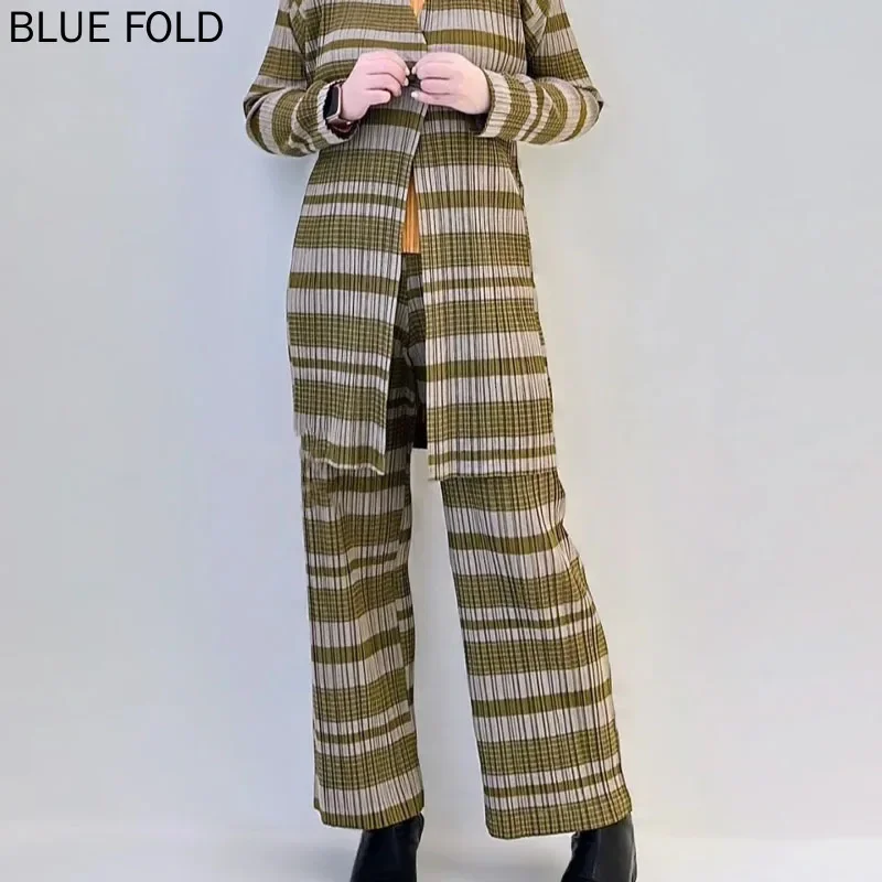 سراويل مياكي عالية الخصر بطيات على شكل حلقة بصل مستقيمة متعددة الاستخدامات ذات ألوان متباينة ملابس عمل عصرية