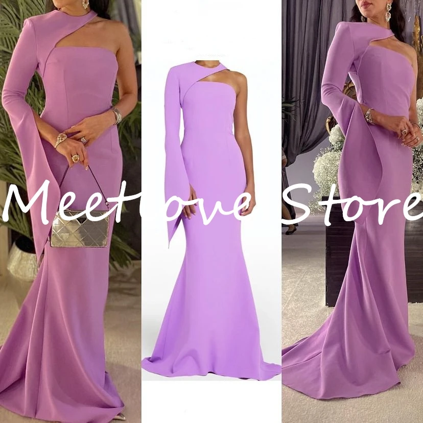 

Meetlove O Neck Matt Satin Formal Celebirty Night Prom Gowns Dress Button Long Mermaid Cocktail Evening Dresses One Sleeves