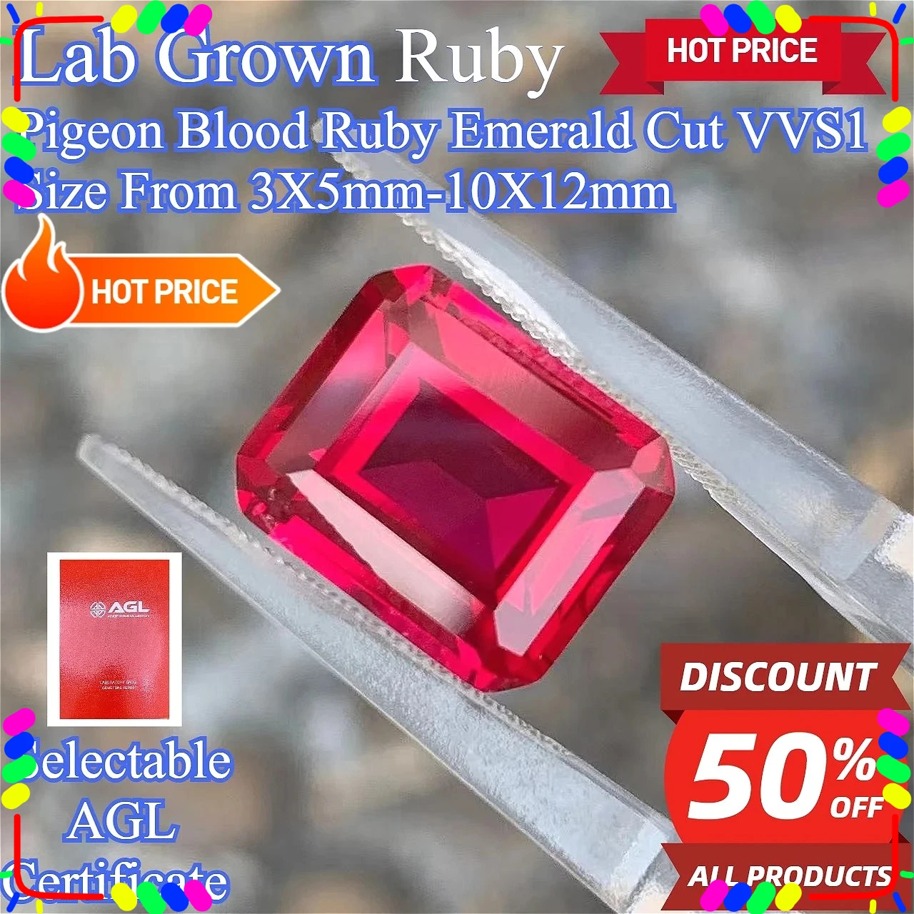 

Pigeon Blood Ruby Emerald Cut Loose Gemstone Lab Grown VVS With AGL Certified For DIY Rings Earrings Necklaces Jewelry Making