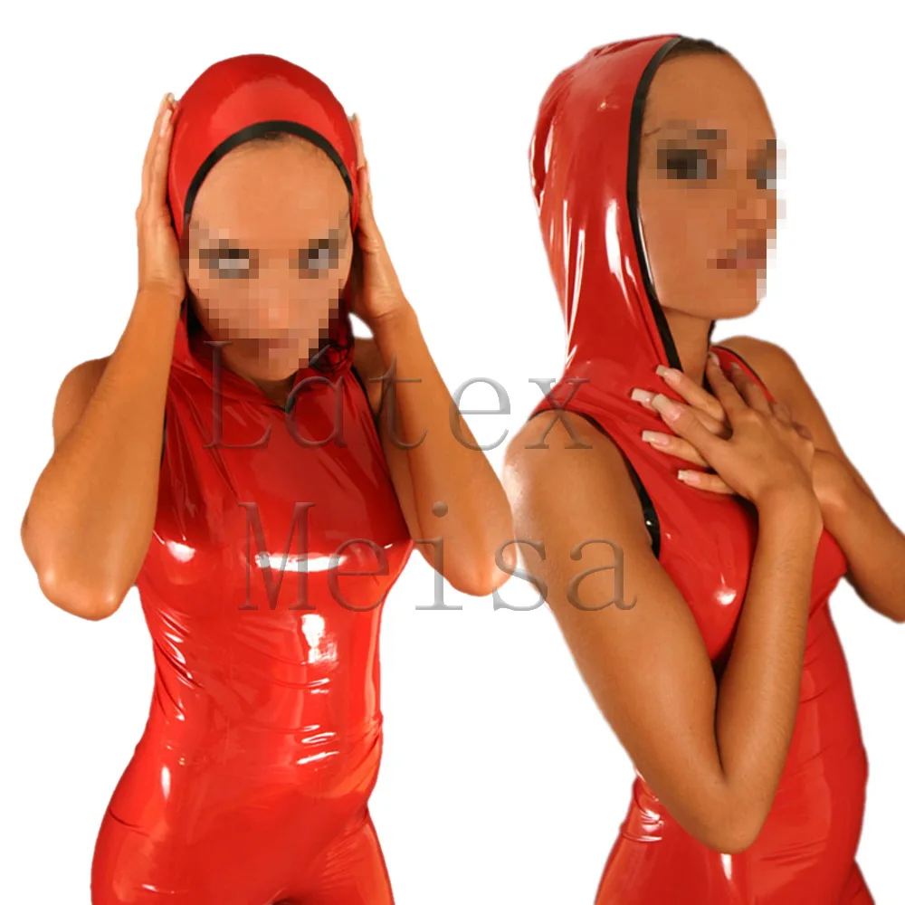 

Handmade red latex bodysuit women with caps and attached back zip to waist