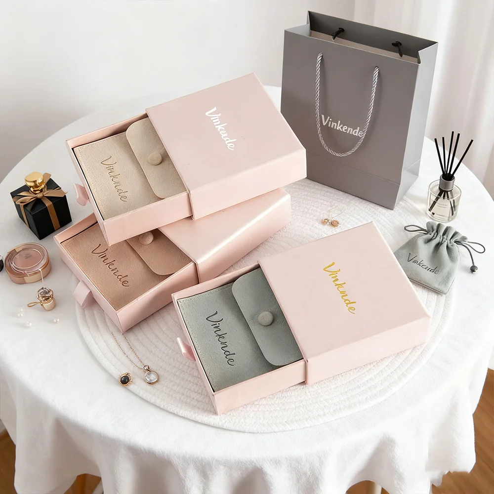 وردي فاتح 9*9*3.2 سم صناديق مجوهرات من الورق المقوى عصرية خاتم الزواج أقراط صندوق درج مع حقيبة إسفنجية مخملية من الألياف الدقيقة #6