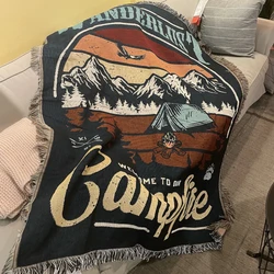 Vintage Camping Blanket with Mountain Landscape Wanderlust Woven Tapestry Throw Boho Outdoor Picnic Rug Campfire Decor for RV