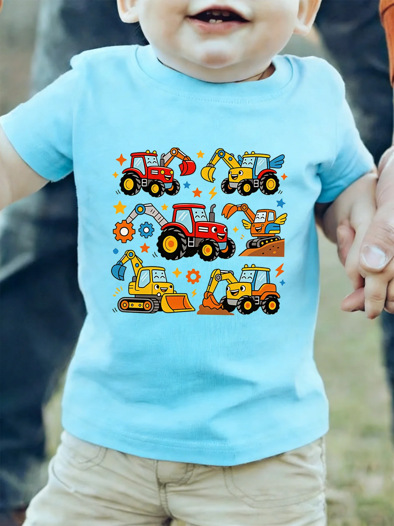 Cute Cartoon Excavator Tractor Construction Vehicle Graphic Kids T Shirt Boys Girls Family Matching Summer Crew Neck Casual Tee