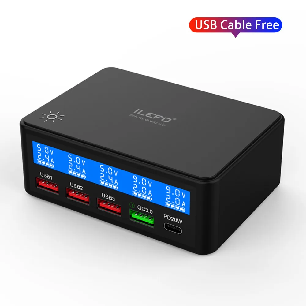 ILEPO-Carregador Multi USB, PD 20W, QC 3.0, Carregamento Rápido, 65W, Tipo C, iPhone, Samsung, OPPO, Vivo Phone, HUB