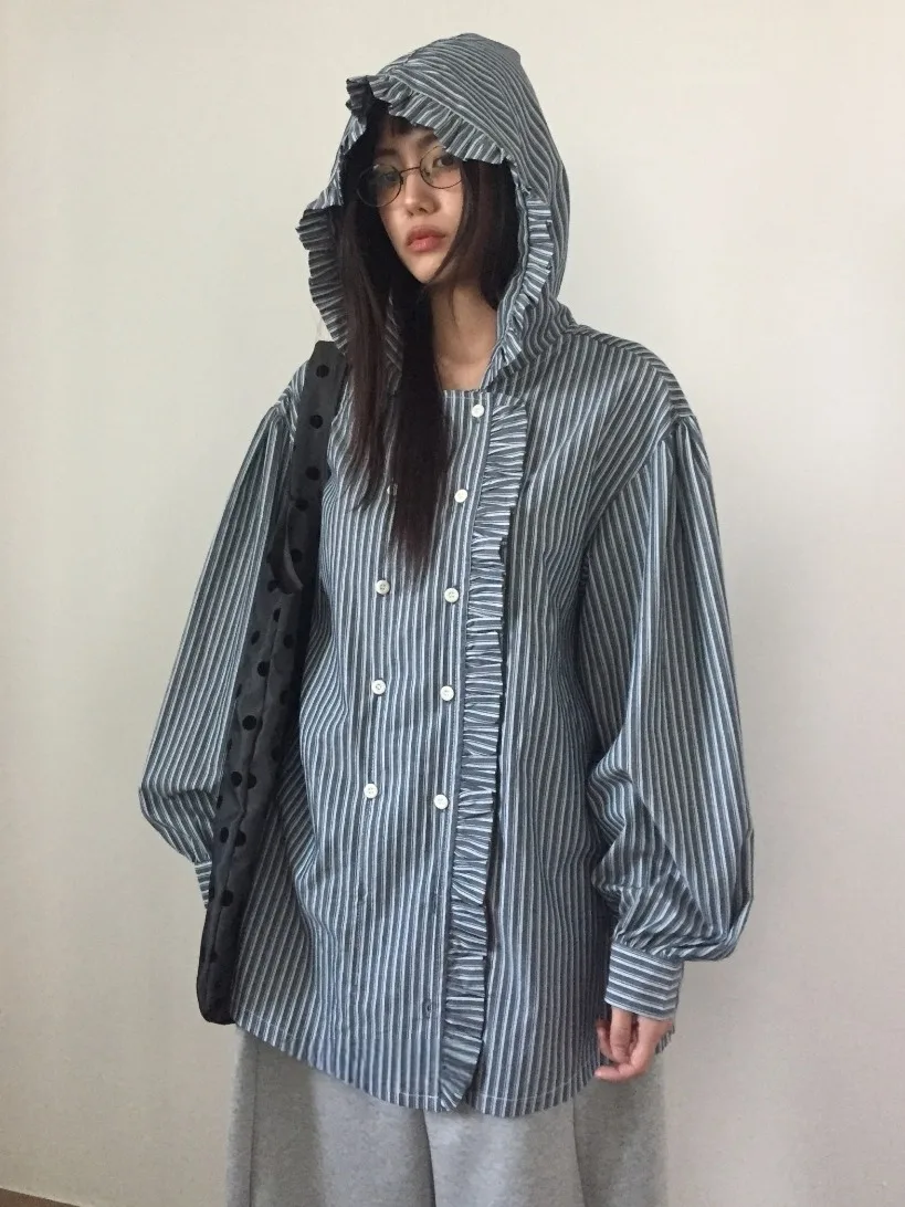 

Retro Ear Mushroom Ruffle Hooded Striped Shirt Women's Spring New Loose Long Sleeve Outerwear Comfortable Breathable Casual