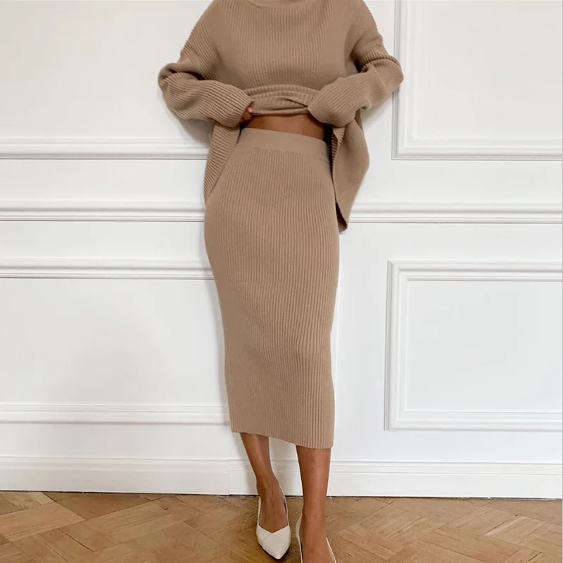 2 Piece Women Set Winter Spring Warm New Arrival Casual Khaki Knitting High Collar Sweater Long Sleeve Top And Long Skirt Sets