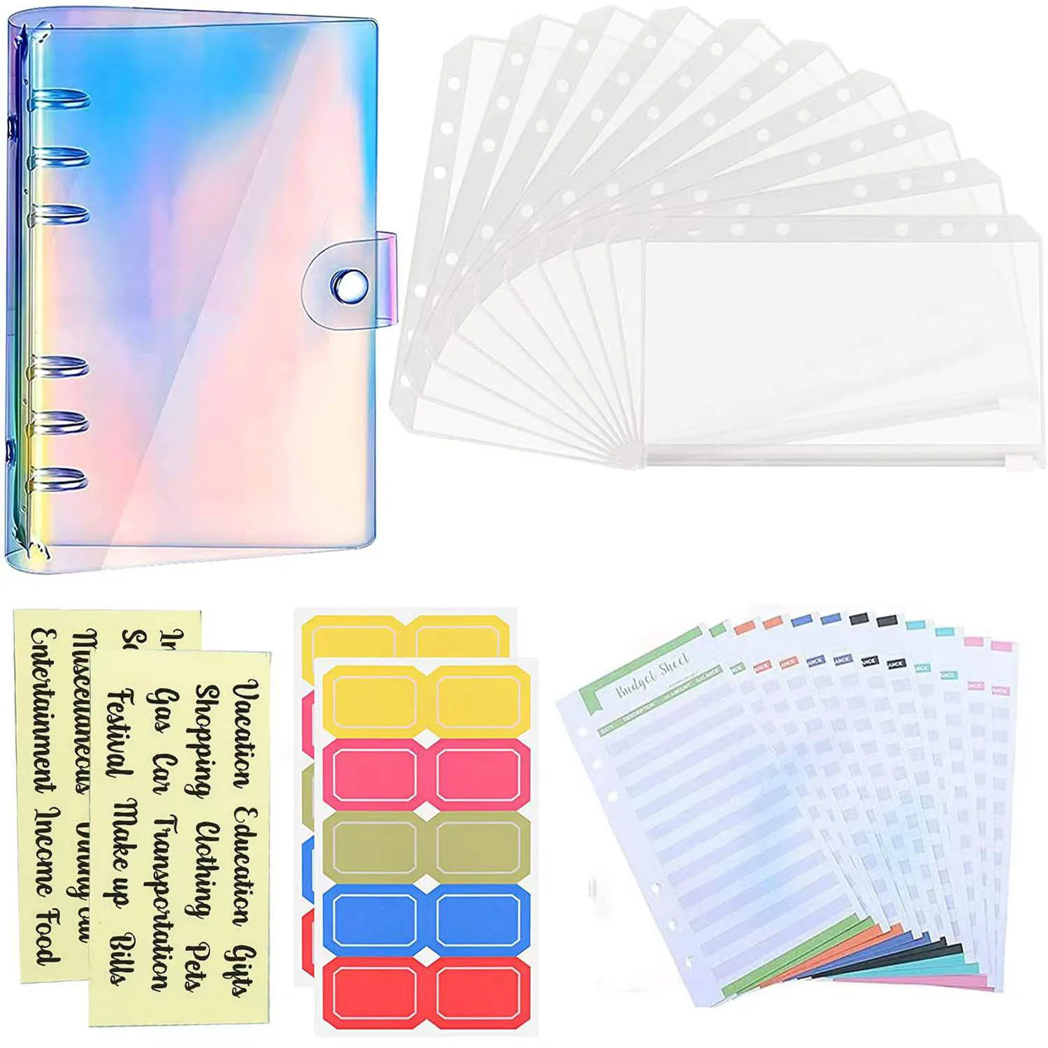 

A6 Budget Binder Waterproof Cash Envelopes Notebook Organizer System with 10 Zipper Pockets,12 Budget Sheet and Label Stickers