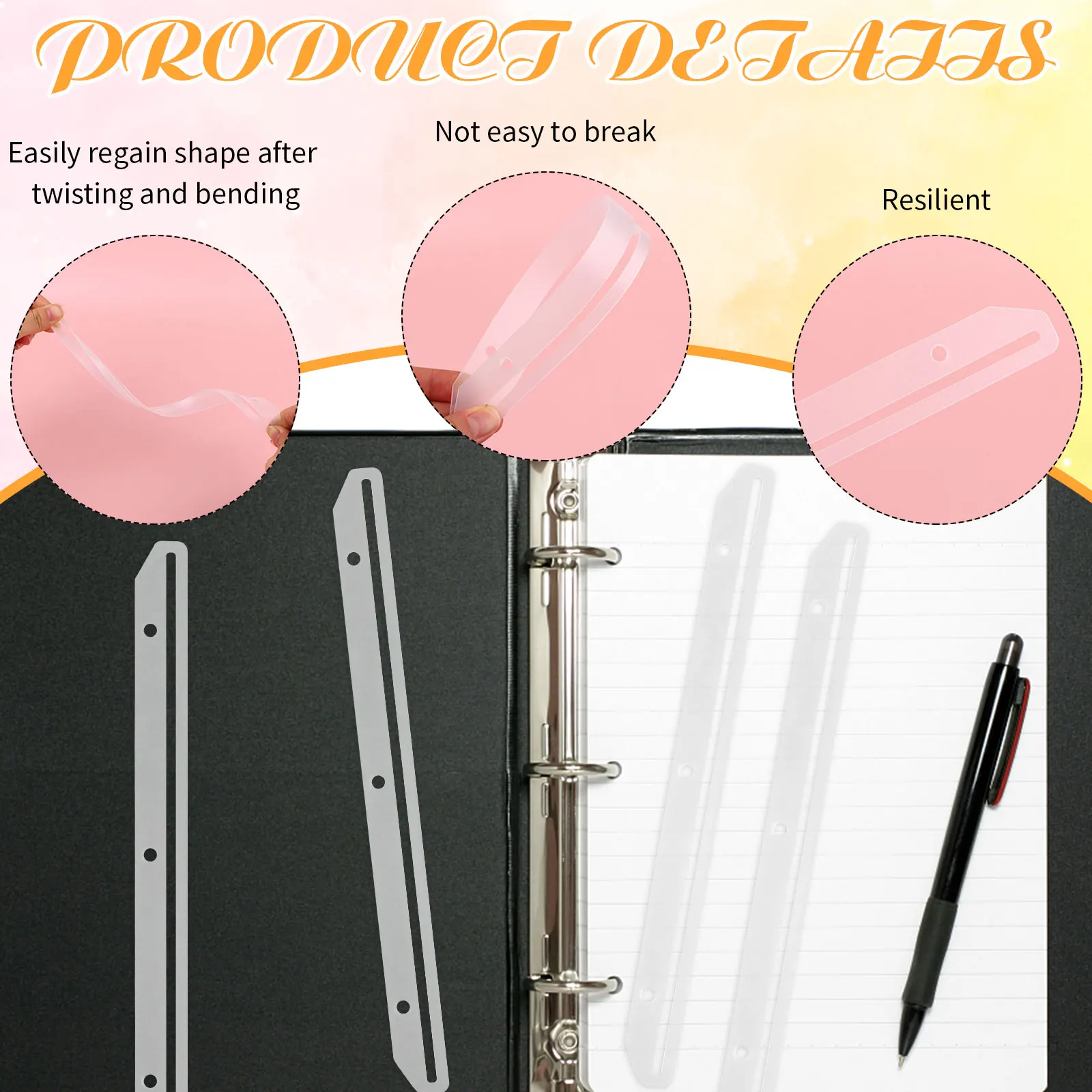 [k]100-pcs-3-hole-holders-for-118in-plastic-nizer-3-ring-binder-insert-strips-clear