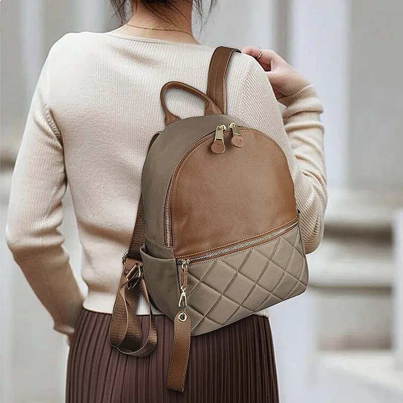 Genuine Leather Diamond Quilted Women's Backpack Top Layer Cowhide Vintage Student School Bag Large Capacity Commuter Travel