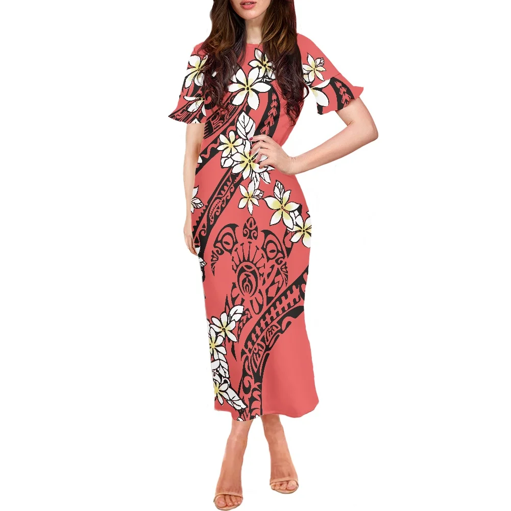 Hawaii Tribal Sea Turtle Frangipani Print Short Sleeve Clothing Summer Long Dress Women Floral Printed Maxi Dress