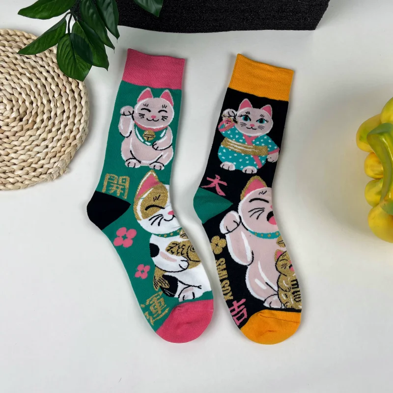 1 Pair Cartoon Lucky Cat AB Style Personalized Fashion Men\'s Mid-calf Socks Suit In All Seasons