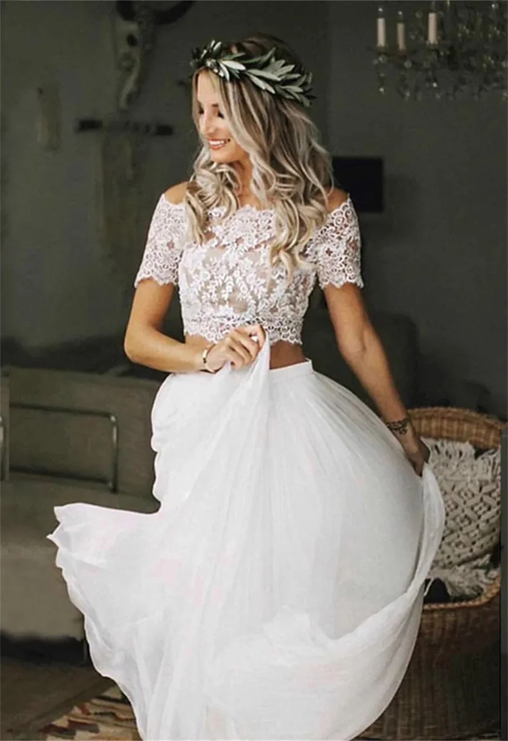 Charming Boho Two Pieces Bridal Wedding Gowns Lace Top Short Sleeves Boat Neck Wedding Dresses for Bride Gown 2024