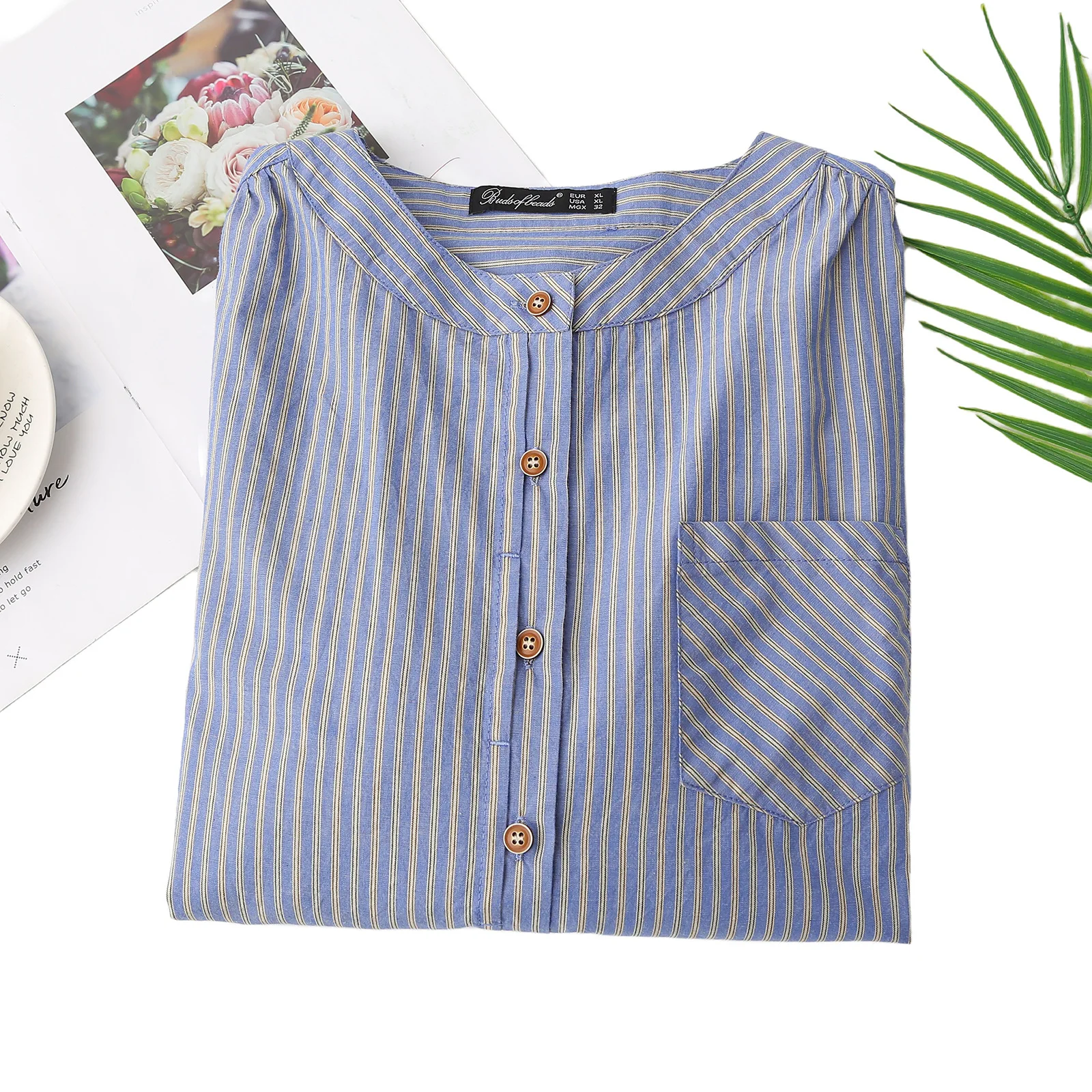 Camicetta da donna moda taglie forti Autunno nuovo stile casual girocollo camicia a maniche lunghe a righe verticali 2526