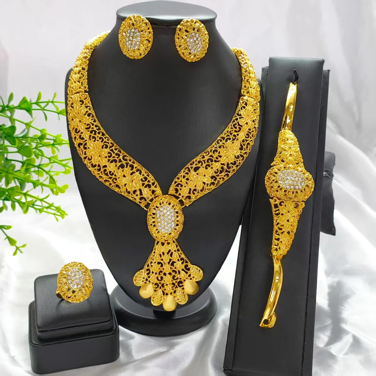 

ANIID Luxury Dubai Irregular Necklace And Earrings Sets For Women Ethiopian Indian Bridal 24k Gold Color Jewelry Set Wedding