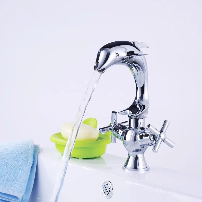 Chrome Dolphin Design Basin Faucet Hot and Cold Bathroom Single Lever Brass Chrome Rotation Sink Mixer Tap Decked