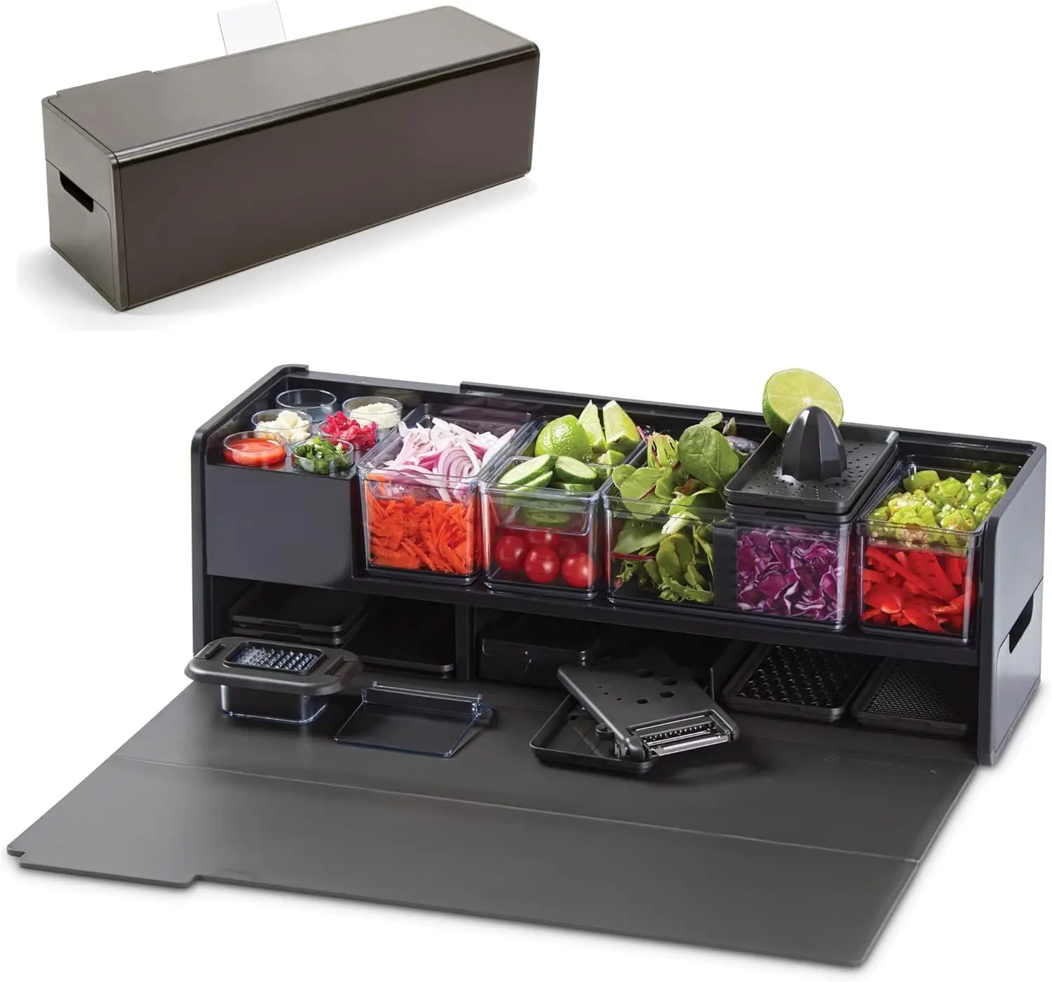 

Cutting Board, 14 Plastic Containers + Super-Seal Lids, Removable Trash Compartments, Tablet Stand Included - Midnight Black