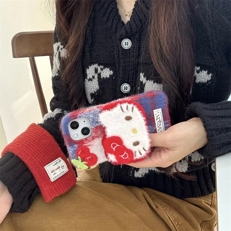 Luxury Winter Plush Warmth Cherry Hello Kitty What About Cashmere Wool Protect Case For iPhone 13 14 15 16ProMax Lovely KT furry