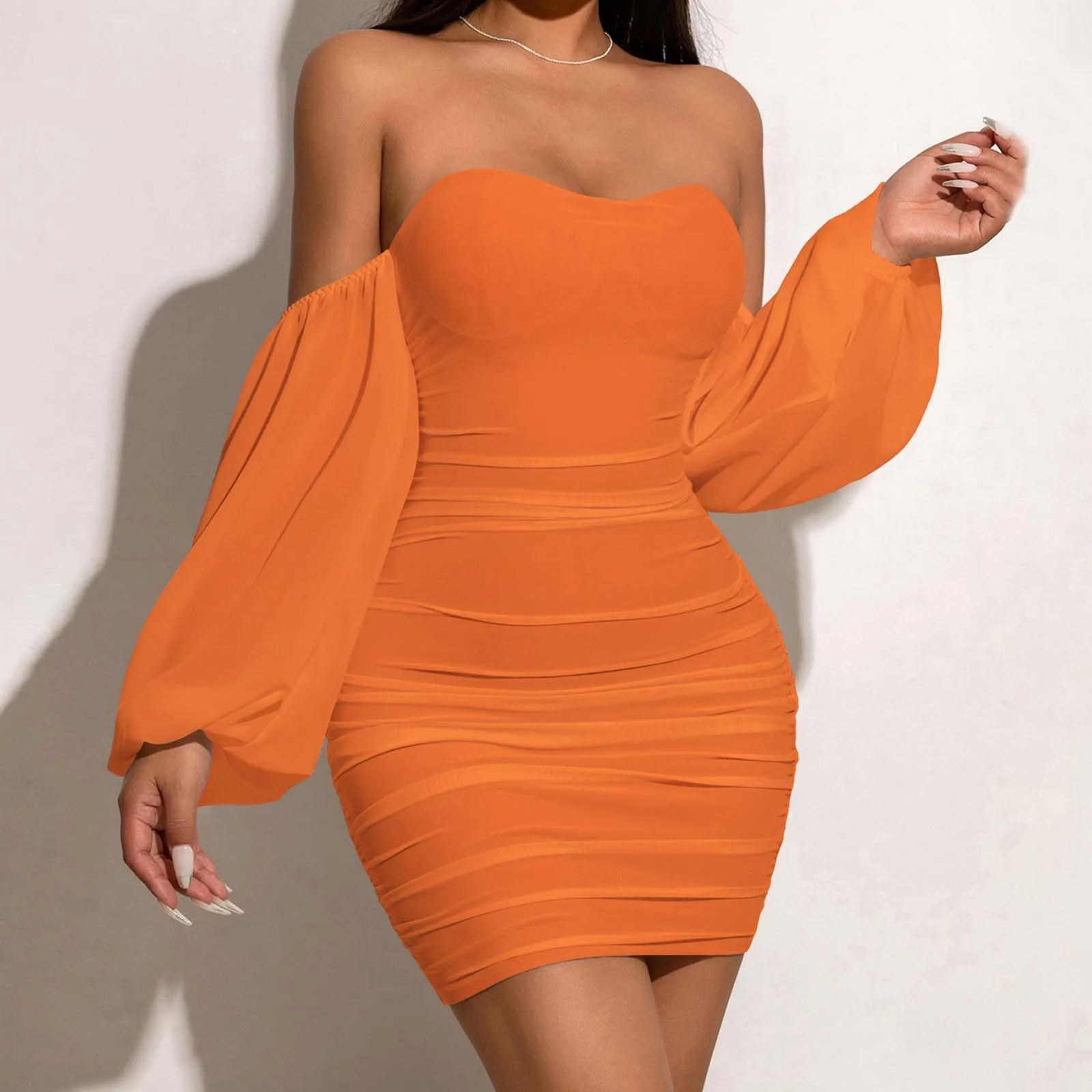 Elegant Solid Color Off Shoulder Mini Dress Long Sleeve Ruched Sexy Dresses Women Bodycon Hip Wrapped Party Evening Dress