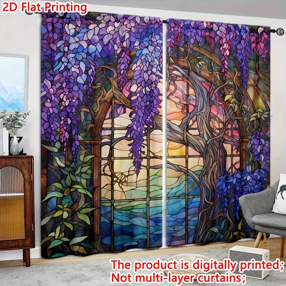 Stained Glass Wisteria Curtains, Floral Arch Print Blackout Drapes Garden Fantasy Decor for Living Room Bedroom Window Treatment