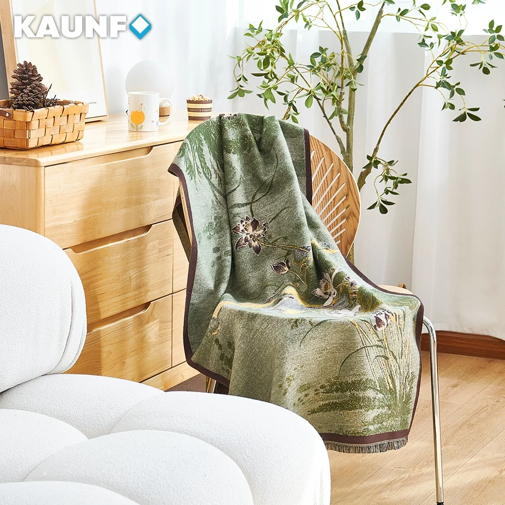 Chinese Style Lotus Print Throw Blanket for Living Room Sofa Soft Woven Tapestry Style Tassel Blanket Sofa Cover 70x180cm