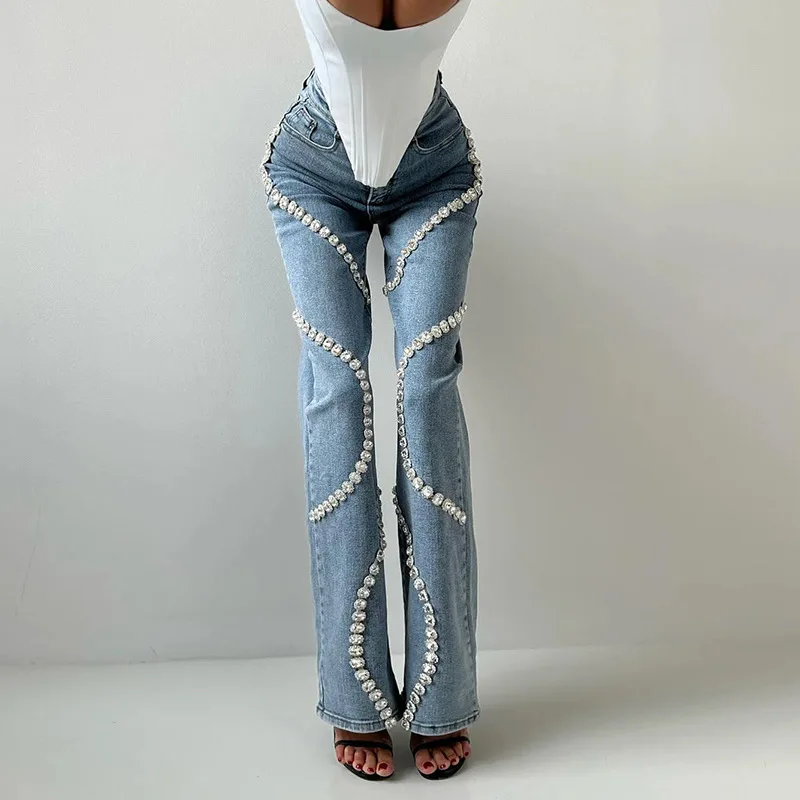 

Stylish Women Jeans Rhinestone Ring Patch Straight Leg Denim Pants Comfortable Casual Trousers